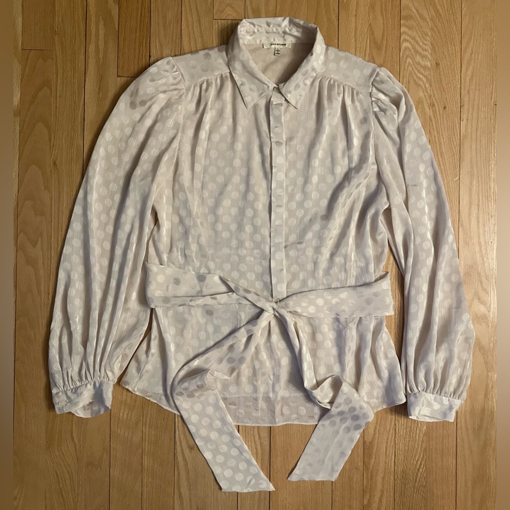 MAX STUDIO Women's Champagne Billowed Sleeves Dot Print Belted Blouse, Size L